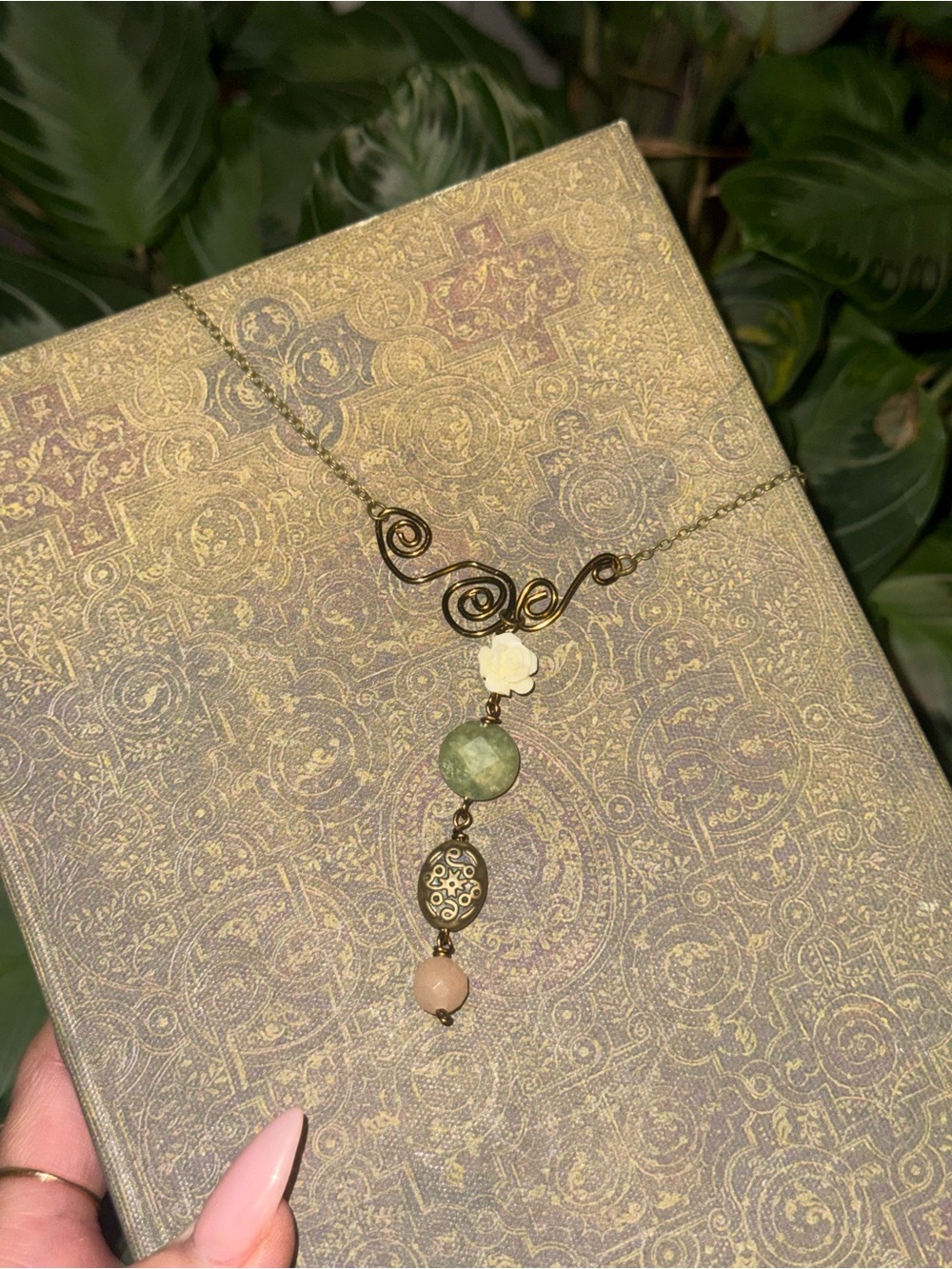 Delicate Gold-Tone Pendant Necklace with Green and Pink Stones